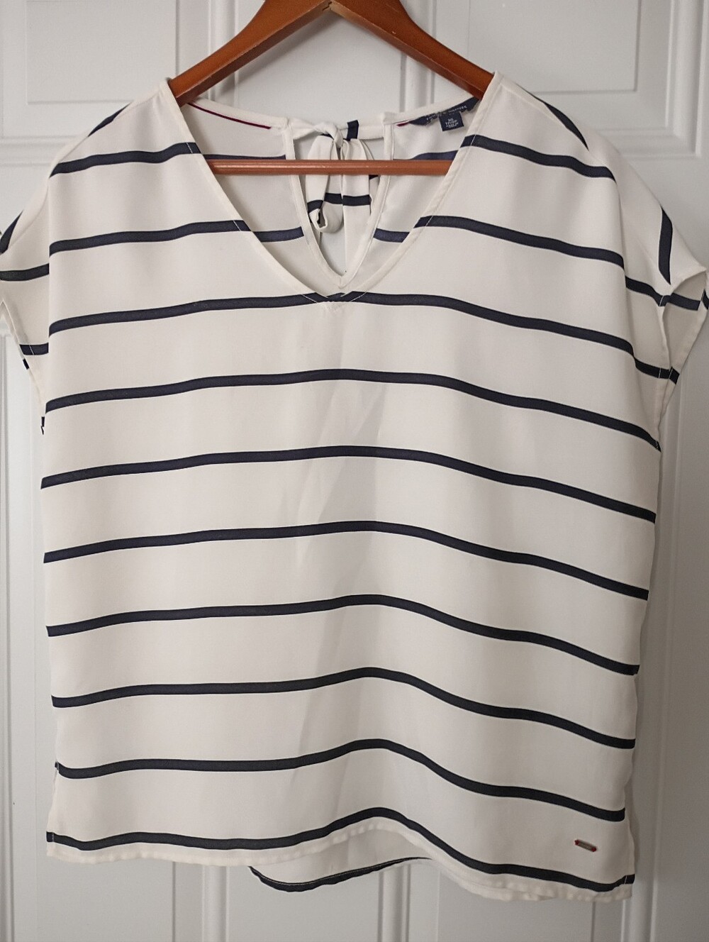 Tommy Hilfiger White and Navy Striped V-Neck Blouse